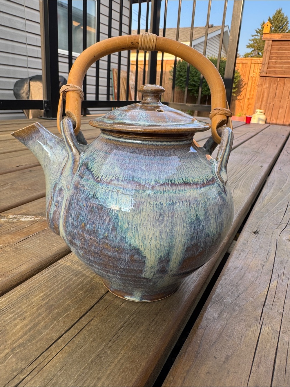 Hand Crafted Pottery Teapot W/ Bamboo Handle 5 cups capacity.
